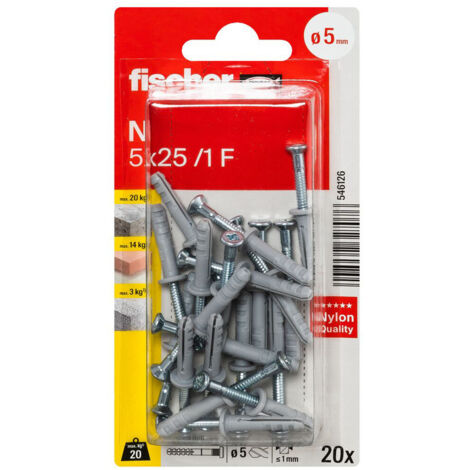 Fischer – Cheville à frapper Ø5x25mm – Acier électrozingué – Blister de 20 unités – Montage rapide au marteau pour fixation économique