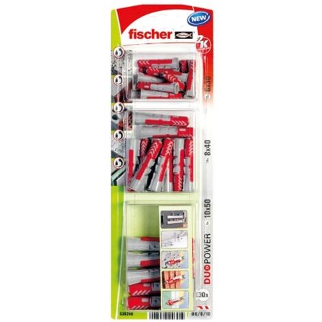 Fischer – Cheville nylon DuoPower 6-8-10K – 15 pièces pour béton, brique, plaques de plâtre – Fixation sécurisée et rapide – Charge maximale 50kg