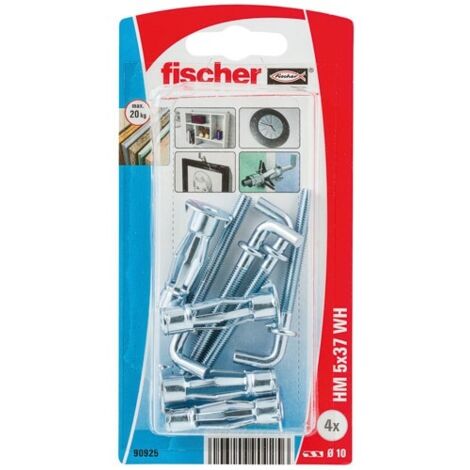 Fischer – Cheville à expansion pour corps creux – Longueur 37 mm – Métal électrozingué – Lot de 4 chevilles et crochets droits - HM 5 X