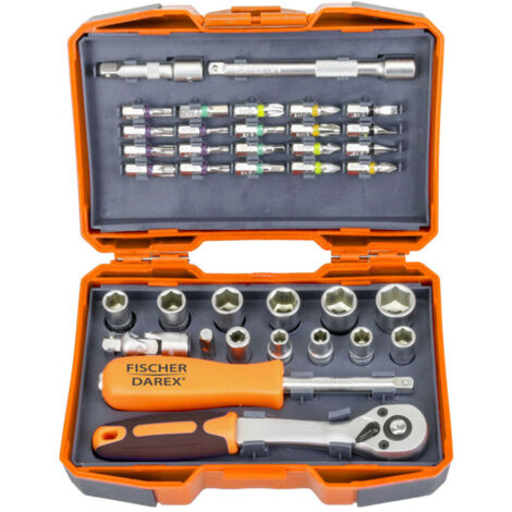 Fischer Darex – Coffret douilles et embouts 1/4 38 pièces – Clé à cliquet réversible – Embouts Tamper Torx et fente – Dimensions de 5.5 à 14 mm