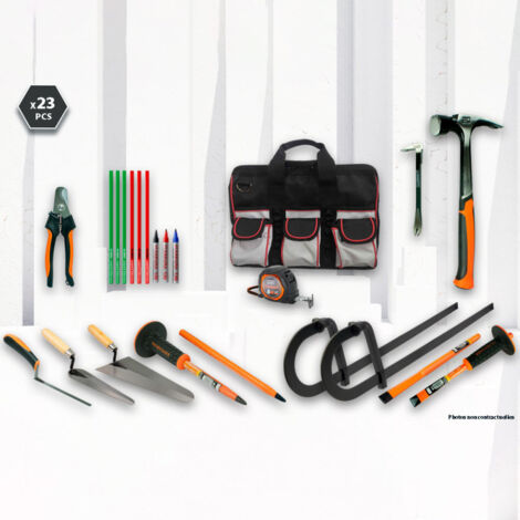 Fischer Darex – Coffret multi-outils 23 pièces – Outils pour maçonnerie et démolition – Sac à outils nylon 22L avec poches – Marqueurs Sakura pour surfaces variées