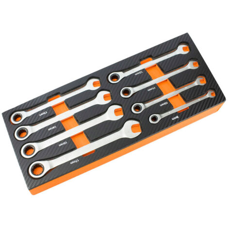 Fischer Darex – Module mousse 8 clés mixtes à cliquet – Dimensions 18 x 40 x 5 cm – Mousse haute densité antidérapante – Pour servante d'atelier