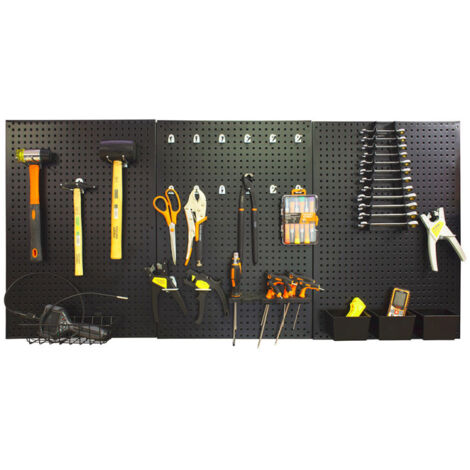 Fischer Darex – Panneau mural en acier noir 3 panneaux 1365 x 630 mm – Fixations incluses – Capacité de charge 20 kg – Pour garage et atelier