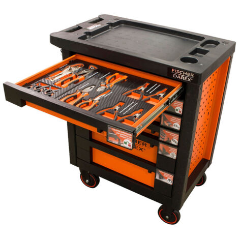 Fischer Darex – Servante d'atelier roulante 6 tiroirs – Acier renforcé – Charge max 45kg par tiroir – Dimensions 460x780x900mm – 14 outils inclus