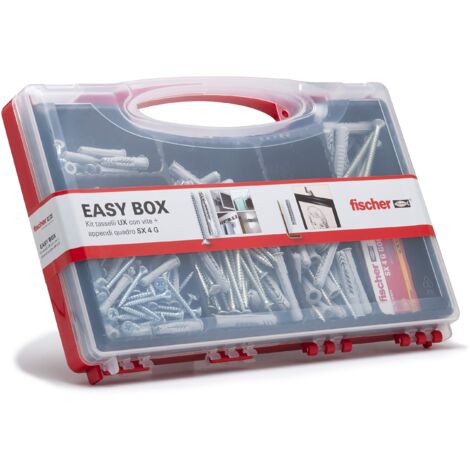 Fischer Easybox Valigetta Tasselli UX con vite Assortiti, SX con gancio appendiquadro per Fissaggio su Muro Pieno e Mattone Forato, Set 252 pezzi, 513433