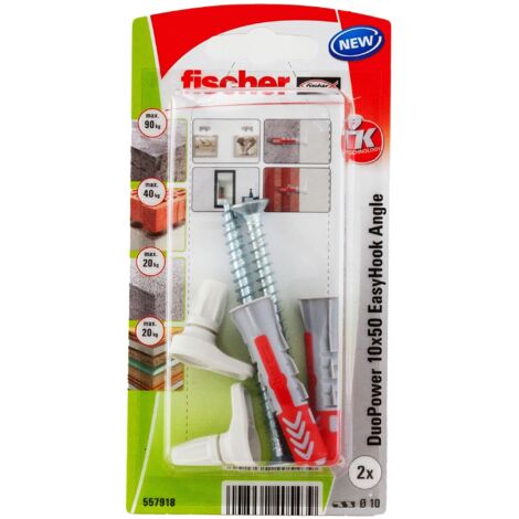 Fischer EasyHook Angle 10, set da 2 Ganci ad Angolo e 2 Tasselli DuoPower 10 x 50 mm, Montaggio Facile e Veloce Senza uso di Pinze su Muro, Cartongesso, Mattoni Forati, Cemento, Legno, 557918