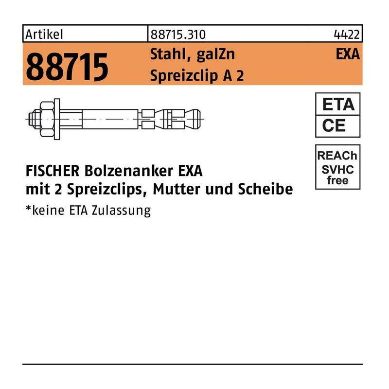 fischer Bolzenanker R 88715 EXA 6/ 10 Stahl galvanisch verzinkt/Spreizclip A2