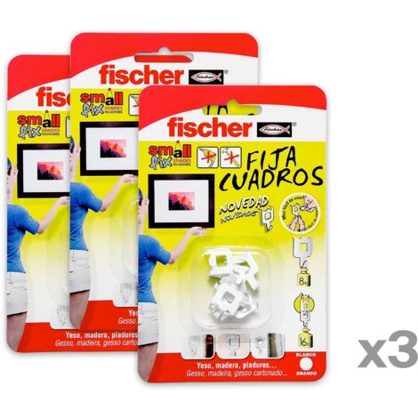 fischer - Fissare quadri  Ganci riutilizzabili senza fori  Fino a 8 kg per unità  Ideale per intonaco, cartongesso e legno  Montaggio senza attrezzi  3 confezioni da 8 pezzi (totale 24)  Bianco