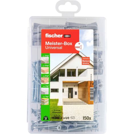 FISCHER MEISTER-BOX LOT DE 150 CHEVILLES ET VIS UNIVERSELLES DE 6 À 8 MM DE DIAMÈTRE, 35 À 50 MM DE LONGUEUR, POUR BRICOLEURS ET