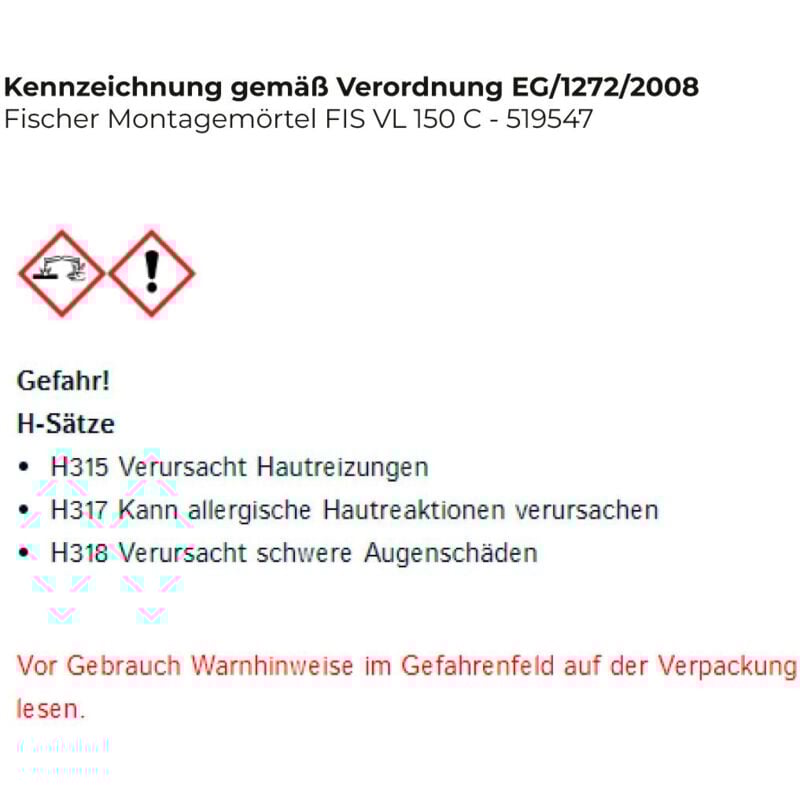 Mortier de montage fis vl 150 c - 519547 - Fischer