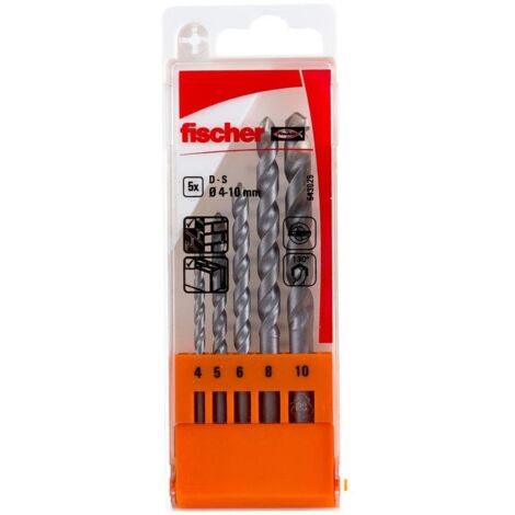 Fischer Set 5 Punte Trapano D-S PMN, Diametro 4-5-6-8-10 mm, Punte al Carburo, Attacco Cilindrico, per Muro Pieno e Mattoni Forati, 543025