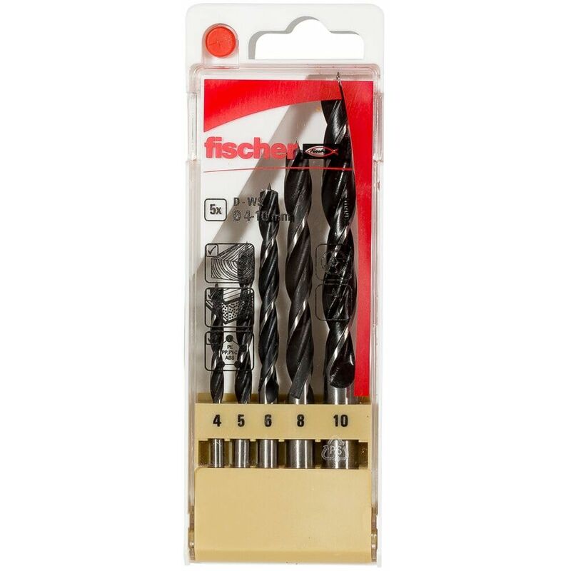 Image of Fischer - Set 5 Punte Trapano d-ws pl Professionali in Acciaio per Legno, Diametro 4-5-6-8-10 mm, Attacco Cilindrico, per Legno Massiccio, Legno