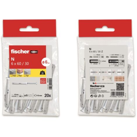 fischer - Tasselli e viti a colpo N 6x60, tasselli cemento, Confezione da 20 pezzi
