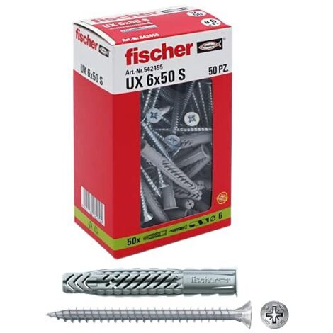 Fischer Tassello con Vite Ux, Grigio, 6 x 50 mm con Vite