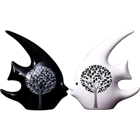 Fish Statues for Home Decor, Tree Life Ceramic Modern White Black Big Bookshelf Table Top for Living Room Accessories Accents Items Set 2, Art Sculptures Figurines Small Office Fireplace.