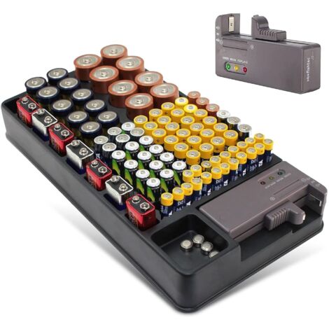 Fishtec – Boîte de rangement pour 98 piles AA/AAA – Testeur de charge LED – Installation murale – Matériau ABS et polystyrène – Dimensions 35x17.5x4.3cm