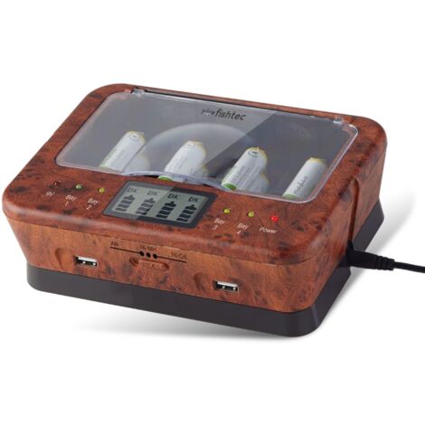 Fishtec – Chargeur de piles universel avec 2 ports USB – Recharge jusqu'à 10 fois – Écran LCD – Compatible Ni-MH et Ni-Cd