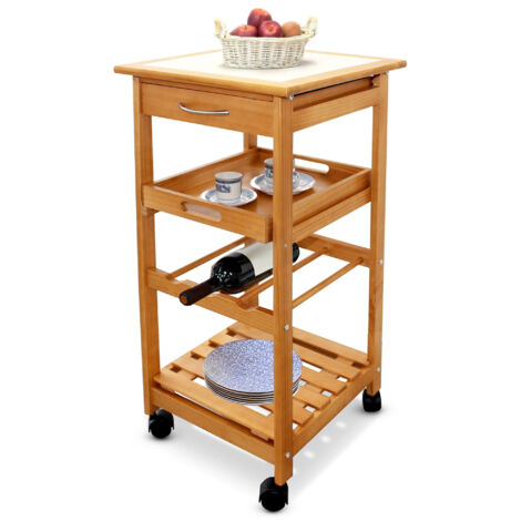 Fishtec – Desserte de cuisine 4 niveaux – 1 tiroir – 1 plateau amovible en céramique – Bois massif pin – Dimensions 37x37x76 cm