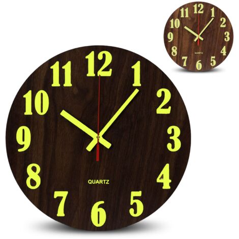 Fishtec – Horloge murale Ø 25 cm en MDF et métal – Mécanisme à quartz silencieux – Chiffres fluorescents pour lecture nocturne