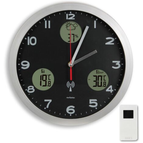 Fishtec – Horloge murale météo 30cm – Affichage intérieur et extérieur – Fonction radio-pilotée – Capteur extérieur inclus