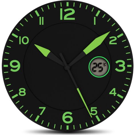 Fishtec – Horloge murale verte 25,4 cm – Matière ABS – Aiguilles larges pour lisibilité – Affichage température LCD
