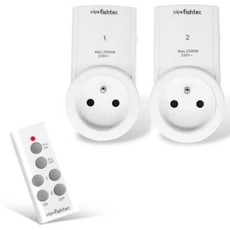 Fishtec – Lot de 2 prises télécommandées – Prise programmable 230V – Portée 30m – Compatible avec appareils standard – Protection enfant intégrée