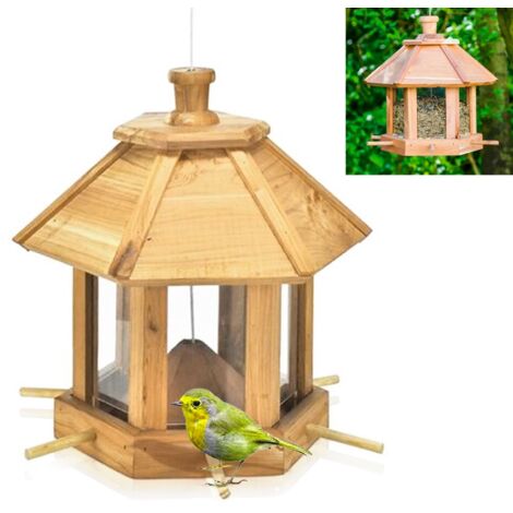 FISHTEC Mangeoire d'Oiseaux Toit en Bois 6 Perchoirs