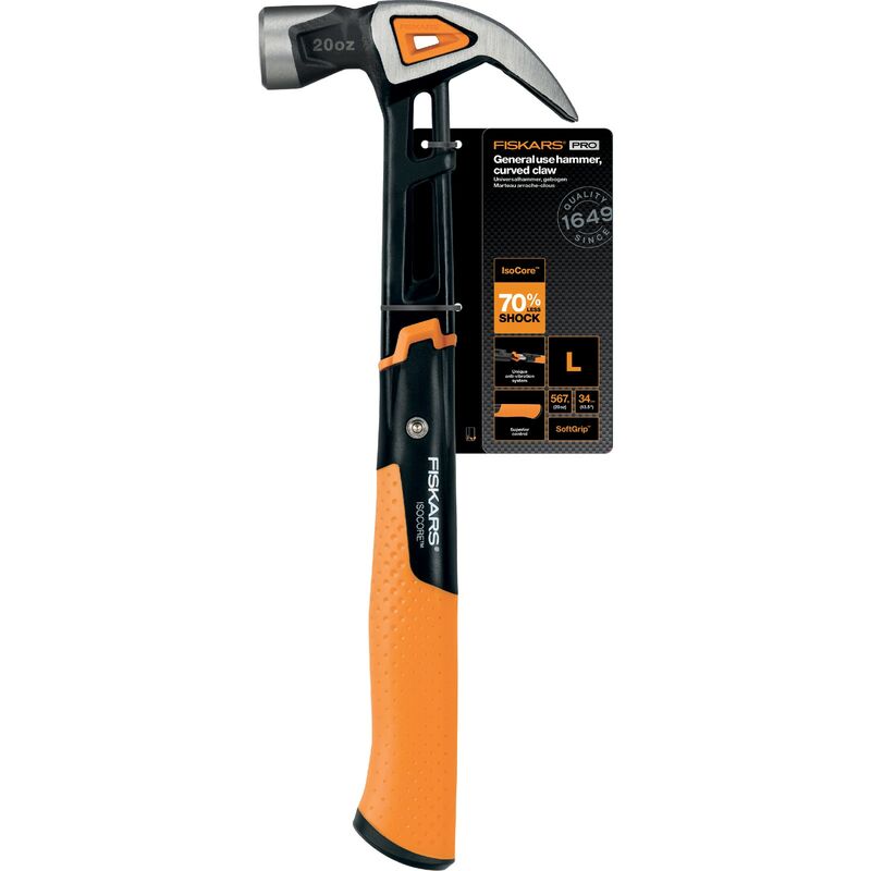 Image of Fiskars 1027203 Anti Shock IsoCore Hammer 20oz Curved Claw Magnetic Nail Start