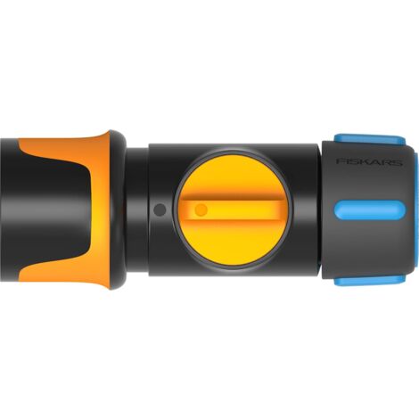 Fiskars Raccord de Tuyau, avec valve ON/OFF, Points de contact SoftGrip, Taille universelle, Ã˜ 1,3-1,5 cm (1/2-5/8''), 65 g, Noir/Orange/Bleu, 1027086