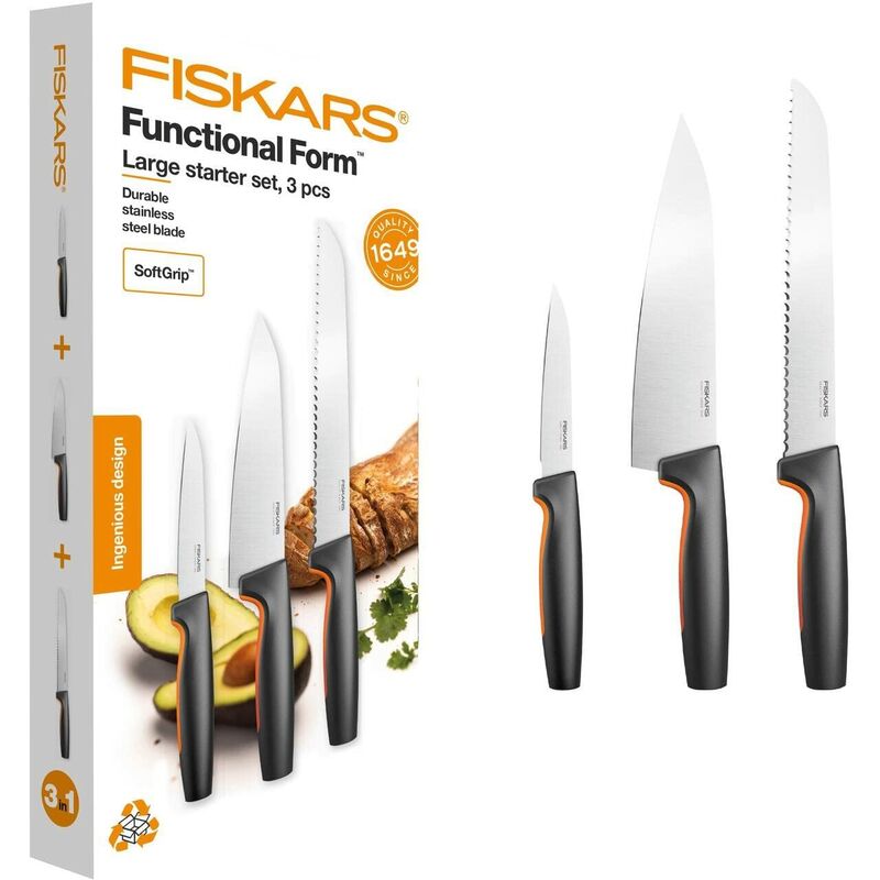 Image of Fiskars - Set di Coltelli da Cucina, 3 Pezzi, Functional Form, Inclusi Coltello da Cucina (medio), Coltello per Verdure e Coltello da Pane, Acciaio