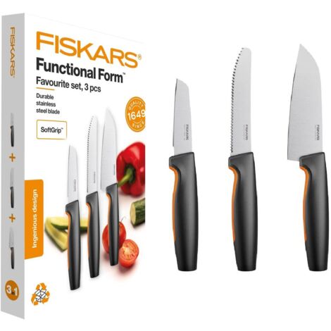 Fiskars Set di coltelli da cucina, 3 pezzi, Functional Form, Inclusi Coltello da cucina (piccolo), Coltello per pomodori, Spelucchino, Acciaio inox giapponese/Plastica, 1057556