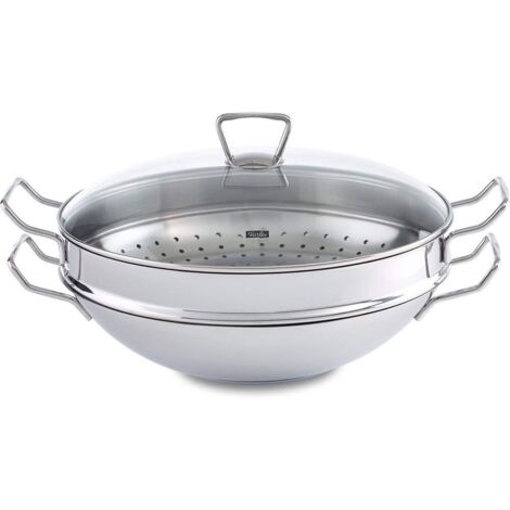 Fissler Nanjing Padella wok in acciaio inox 36 cm, grande padella wok senza rivestimento, padella di ispirazione asiatica con coperchio in vetro, incluso inserto vaporiera, anche a induzione