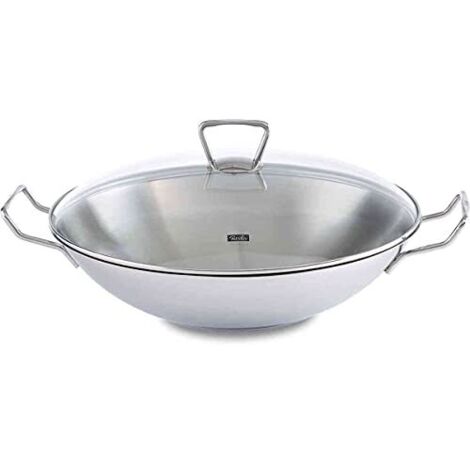 Fissler Padella Wok Kunming 36 cm Acciaio Inox con Coperchio in Vetro Induzione