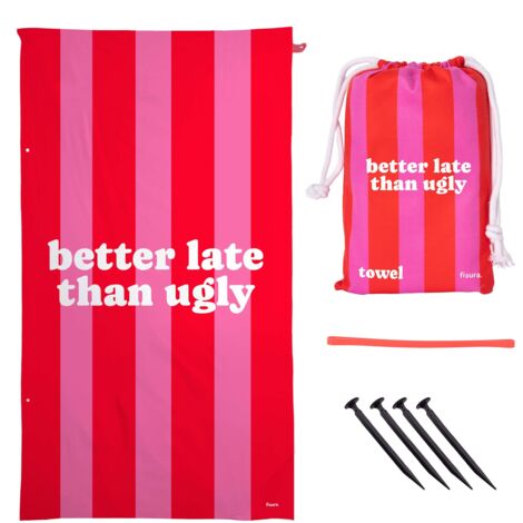 FISURA – Telo mare grande Better late than ugly in microfibra rosa e rossa, leggero, ad asciugatura rapida, anti sabbia. Perfetto per piscina, spiaggia, campeggio o picnic.