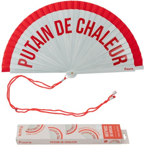Fisura – Ventaglio originale con messaggio “Ptain de chaleur”. Accessorio reversibile in legno moderno e vivace. Ventilatore portatile rosso bianco. Gancio incluso. 42,5 x 23 cm