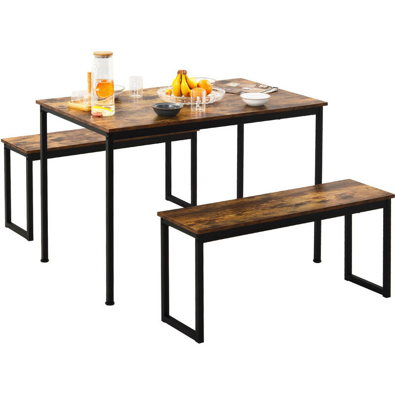 Fitprobo 3-Piece Dining Set for 4, Modern Industrial Style Kitchen Dining Set for Living Room, Breakfast Room and Small Spaces (with 2 Benches and