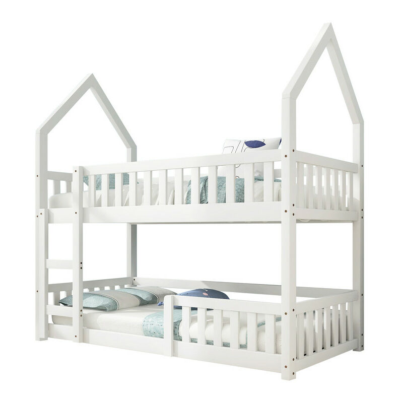 Bunk bed, solid wood, castle-shaped bed 90 x 190 cm Children's bedroom furniture, children's wooden bed frame (white) - Fitprobo