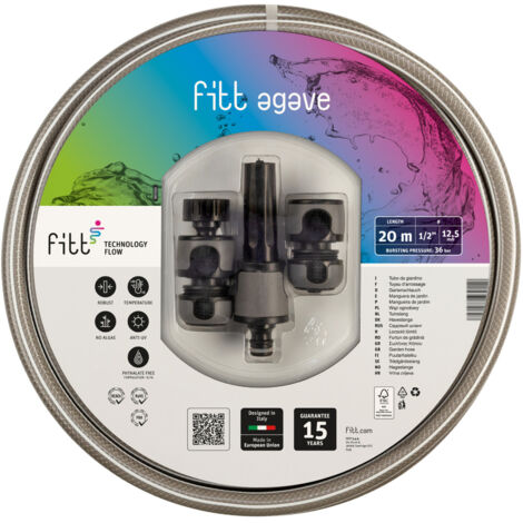 FITT Agave 1/2" (12,5 mm) Tubo 20m e Kit Accessori - Tubo Acqua per Irrigazione da Giardino, Robusto, per Uso Frequente con Lancia e Raccordi