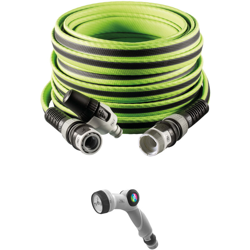 Force plus 1/2' 30 m, Tuyau d'arrosage compact et léger pour usage intensif avec lance et pistolet multi-jet, couleur lime - Fitt