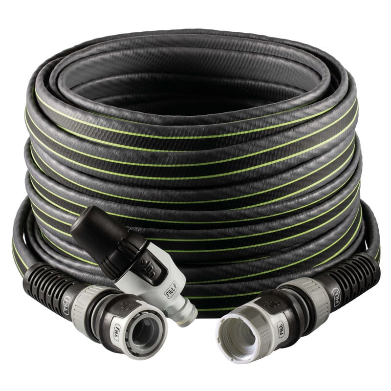 Force 5/8' 25 m, Tuyau d'arrosage compact et léger pour usage intensif avec lance, couleur Gris avec des Lignes Vertes - Fitt