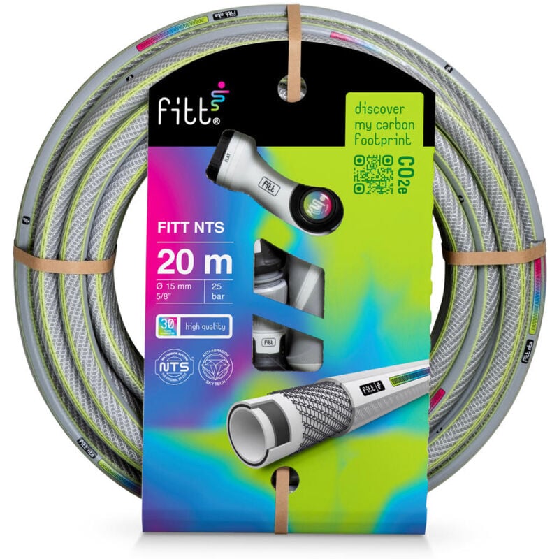 Nts grey 5/8' (15 mm) 20m Kit - Tuyau d'arrosage équipé pour Les Jardins, Robuste pour Usage intensif, avec Pistolet Multi-Jets et raccords - Fitt