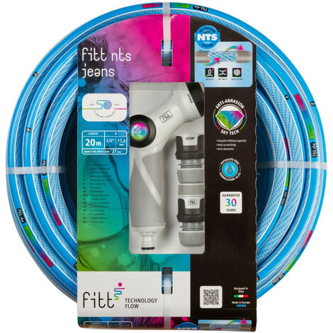 FITT NTS JEANS 1/2" (12,5 mm) 20 m Kit– Tuyau d'arrosage de jardin pour une utilisation intensive, avec pistolet multi-jet et raccords.