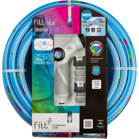FITT NTS JEANS 1/2" (12,5 mm) 20 m Kit– Tuyau d'arrosage de jardin pour une utilisation intensive, avec pistolet multi-jet et raccords