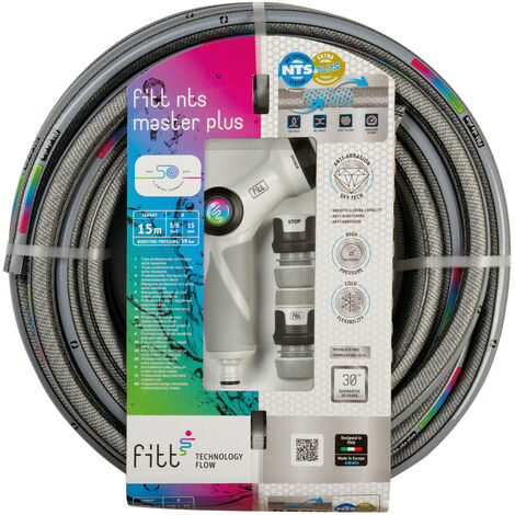 FITT NTS Masterplus 1/2" 20m Kit avec Accesoires - Tuyau d'arrosage, Robuste et Super malléable, pour Usage intensif et Professionnel, avec Pistolet Multi-Jets et raccords. Technologies Exclusives