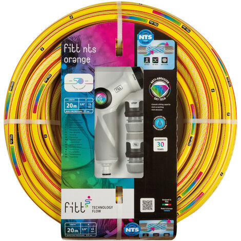 FITT NTS Orange 1/2" (12,5mm) 20m Kit Tuyau d'arrosage pour Les Jardins, Robuste pour Usage intensif, avec Pistolet Multi-Jets et raccords