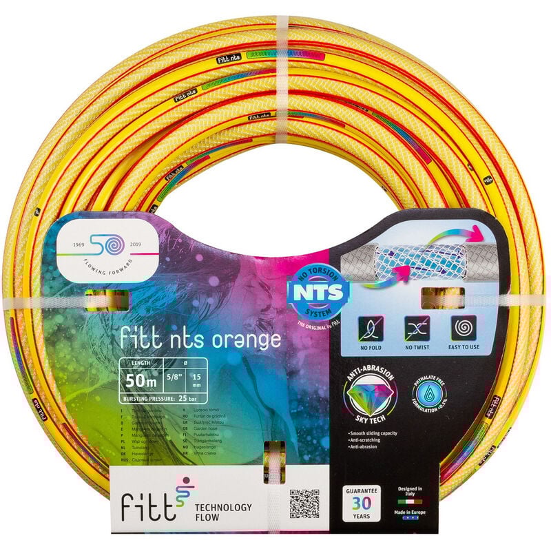 Nts Orange 5/8' (15mm) 50 m - Tuyau d'arrosage Jaune Brillant pour Les Jardins, Robuste et malléable, pour Usage intensif - Fitt