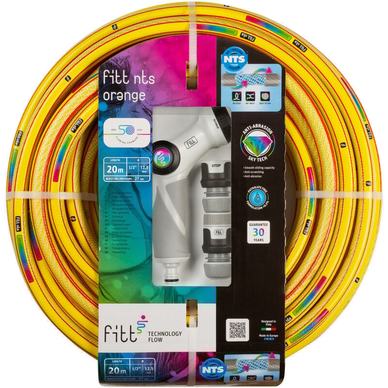 Fitt - nts Orange 1/2' (12,5mm) 20m Kit Tuyau d'arrosage pour Les Jardins, Robuste pour Usage intensif, avec Pistolet Multi-Jets et raccords