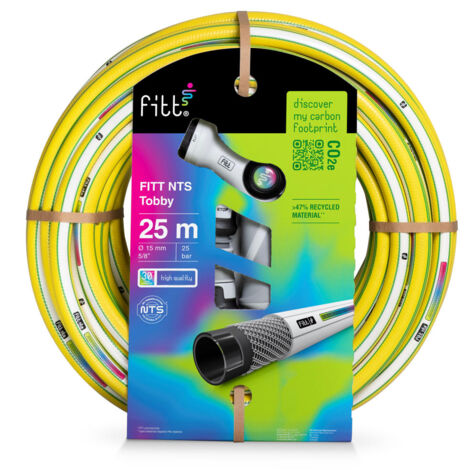 FITT NTS TOBBY 5/8" (15 mm) 25 m - Tuyau d'Arrosage pour Jardins pour Utilisation Intensive, avec Pistolet Multi-jet et Raccords