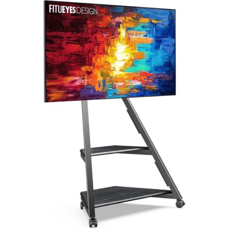 FITUEYES Support TV roulettes Art pour TV 32 43 55 65 Pouces Hauteur Réglable 946-1076,5mm avec 2 Etagères pour Maison, Salon, Conférence Noir