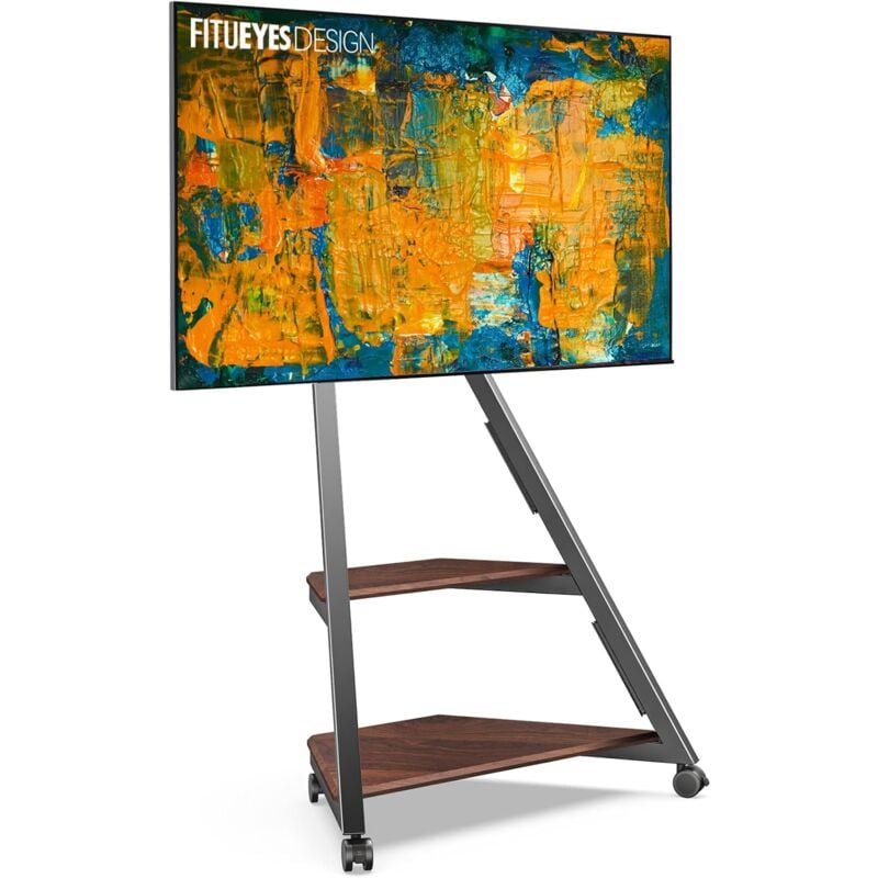 FITUEYES Support TV roulettes Art pour TV 32 43 55 65 Pouces Hauteur Réglable 946-1076,5mm avec 2 Etagères pour Maison, Salon, Conférence Marron
